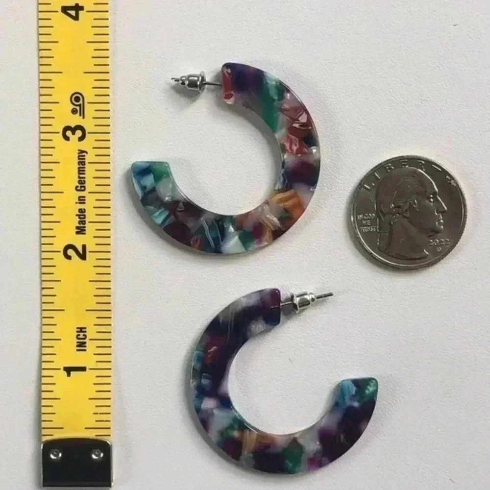 Purple Green Gold & Cream Semi Hoop Acrylic Stainless Steel Earrings NWT